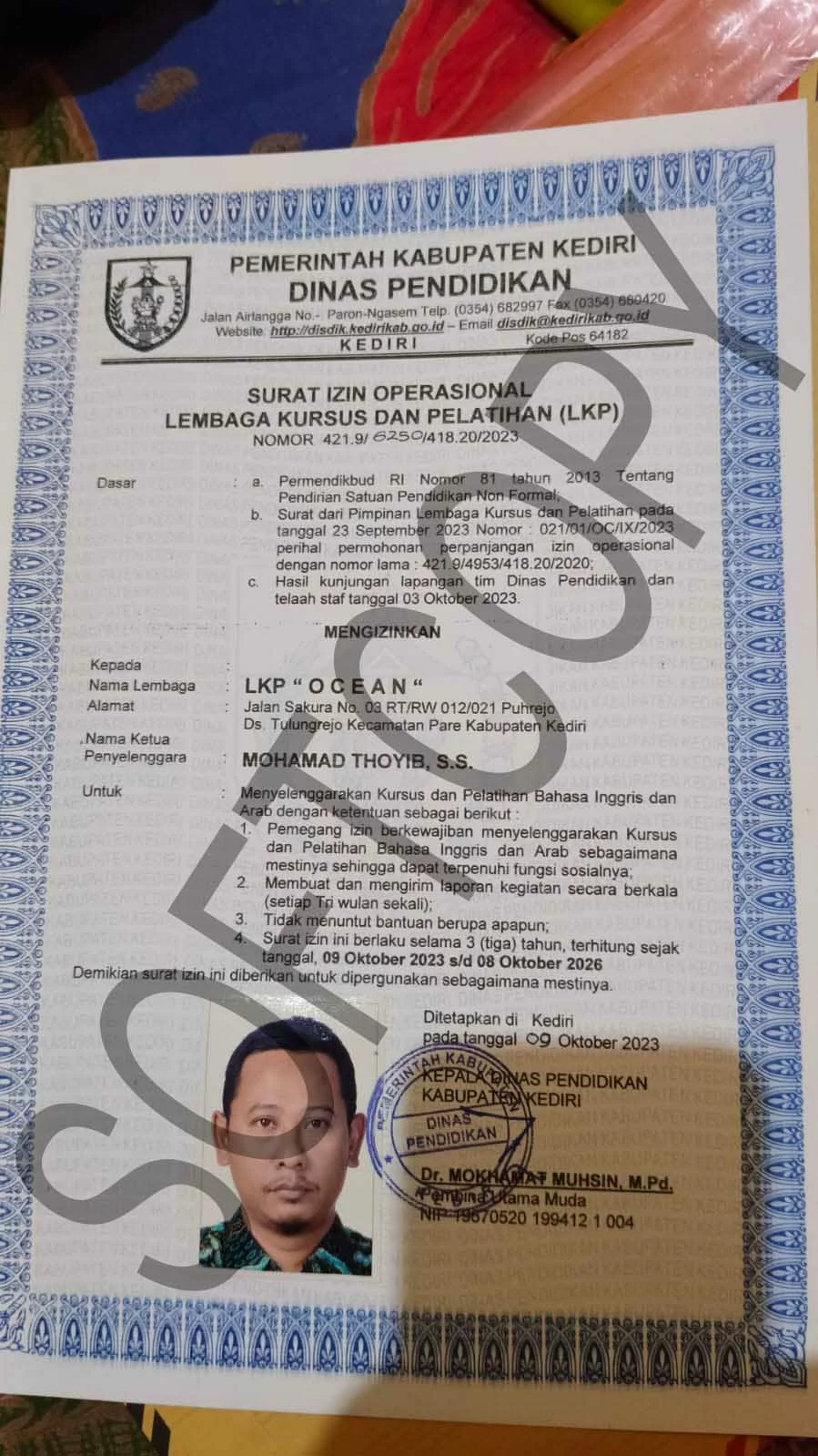 Legalitas Kampung Inggris Pare Resmi NPSN dan SK Diknas sk diknas ocean kampung inggris pare SK Izin Operasional Dinas Pendidikan LKP Ocean