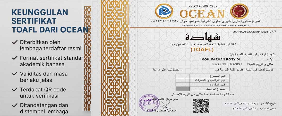 Tes TOAFL Bahasa Arab Online Resmi Gratis Setiap Hari Senin - Minggu 24/7 — LKP Ocean (Kampung Inggris Pare) sertifikat toafl bahasa arab lkp ocean Sertifikat Toafl Bahasa Arab Lkp Ocean