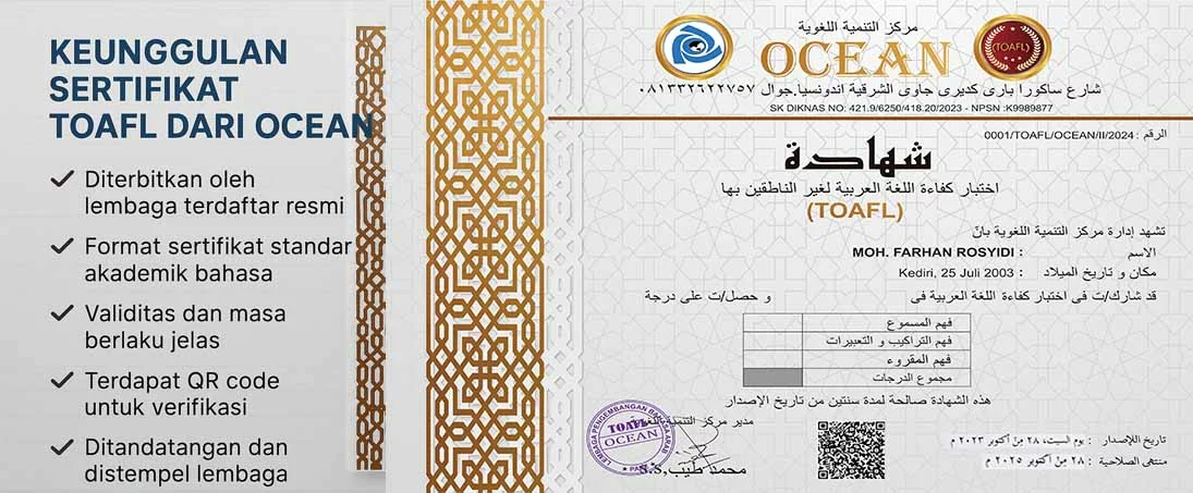 Ciri Sertifikat TOAFL Palsu vs Resmi (Cek SK Diknas & Barcode) sertifikat toafl bahasa arab lkp ocean Contoh Sertifikat TOAFL Resmi dengan elemen lengkap (logo, NPSN, QR Code, tanda tangan digital).