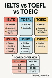 IELTS vs TOEFL vs TOEIC: Mana yang Harus Saya Ambil? ielts vs toefl vs toeic Ielts Vs Toefl Vs Toeic