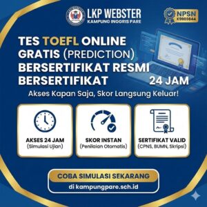 Pendaftaran Resmi Kampung Inggris Pare 2025 (Webster & Ocean) tes toefl online gratis prediction bersertifikat resmi 24 jam lkp webster Tes TOEFL Online Gratis (Prediction) Bersertifikat