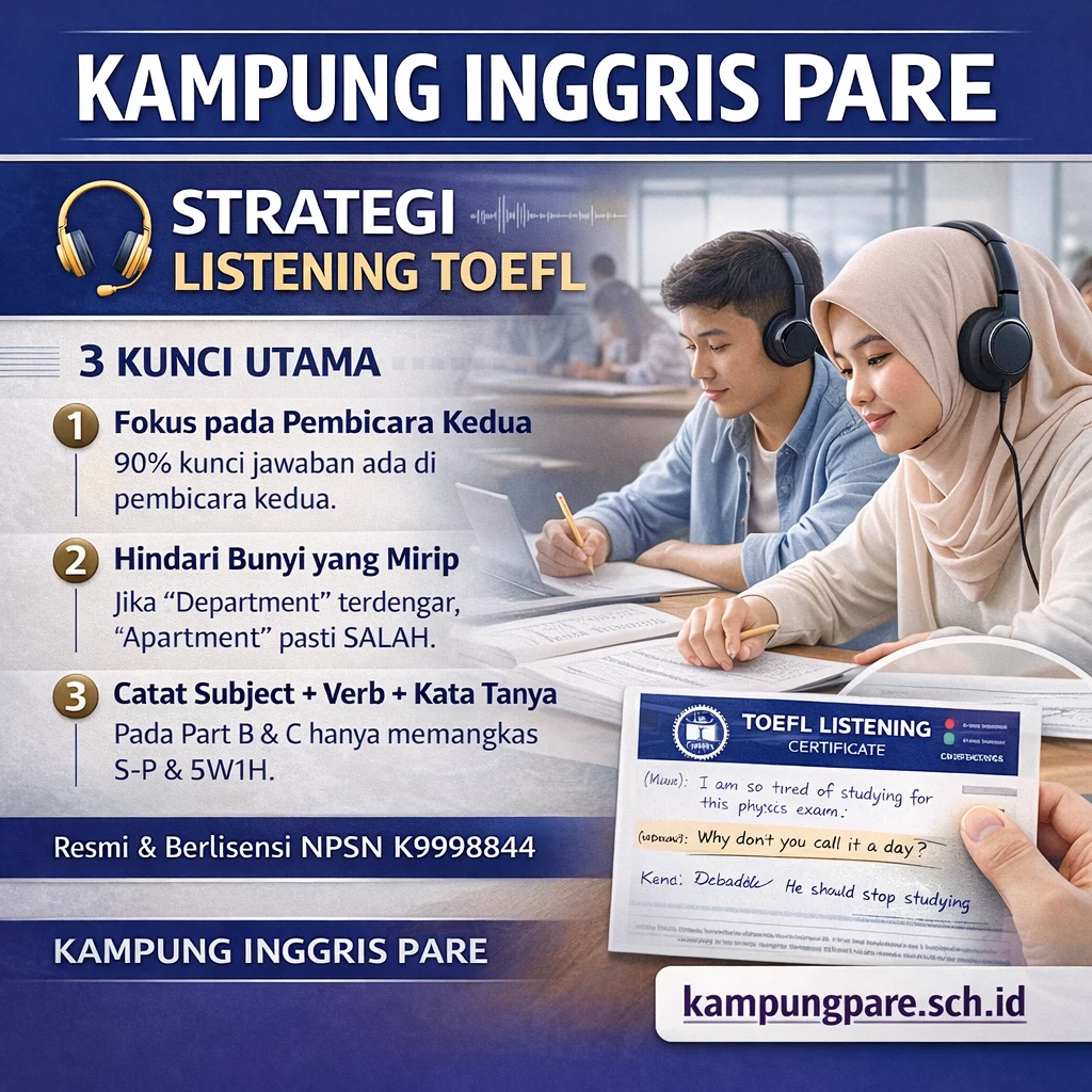 Strategi Listening TOEFL & Bedah Soal dari Pare (2026) trategi sukses istening png Strategi Sukses TOEFL Listening