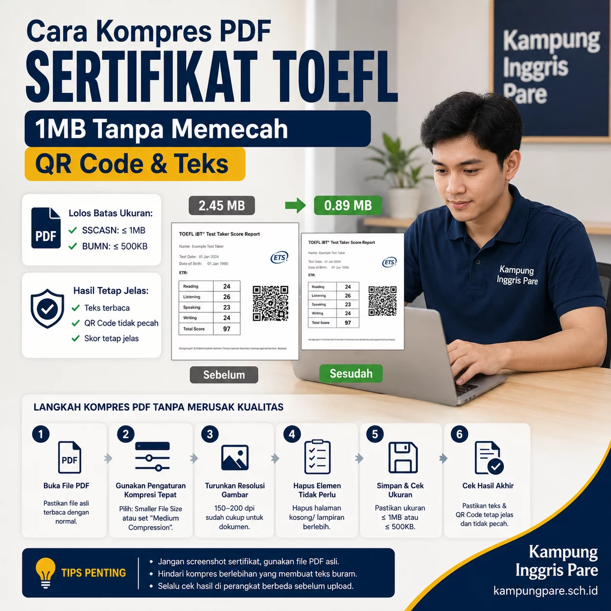Cara Kompres PDF Sertifikat TOEFL 1MB Tanpa Pecah cara kompres pdf sertifikat toefl 1mb Cara kompres PDF sertifikat TOEFL 1MB tanpa membuat QR code dan teks skor pecah