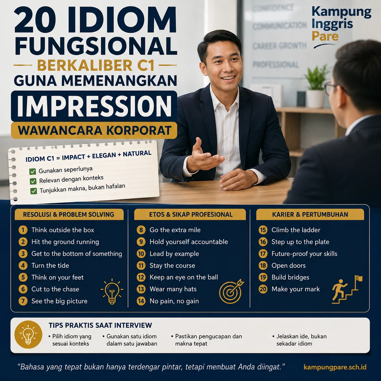 20 Idiom Bahasa Inggris Interview Kerja yang Terdengar Profesional idiom bahasa inggris interview kerja Ilustrasi kandidat wawancara korporat menggunakan idiom bahasa Inggris interview kerja bersama Kampung Inggris Pare