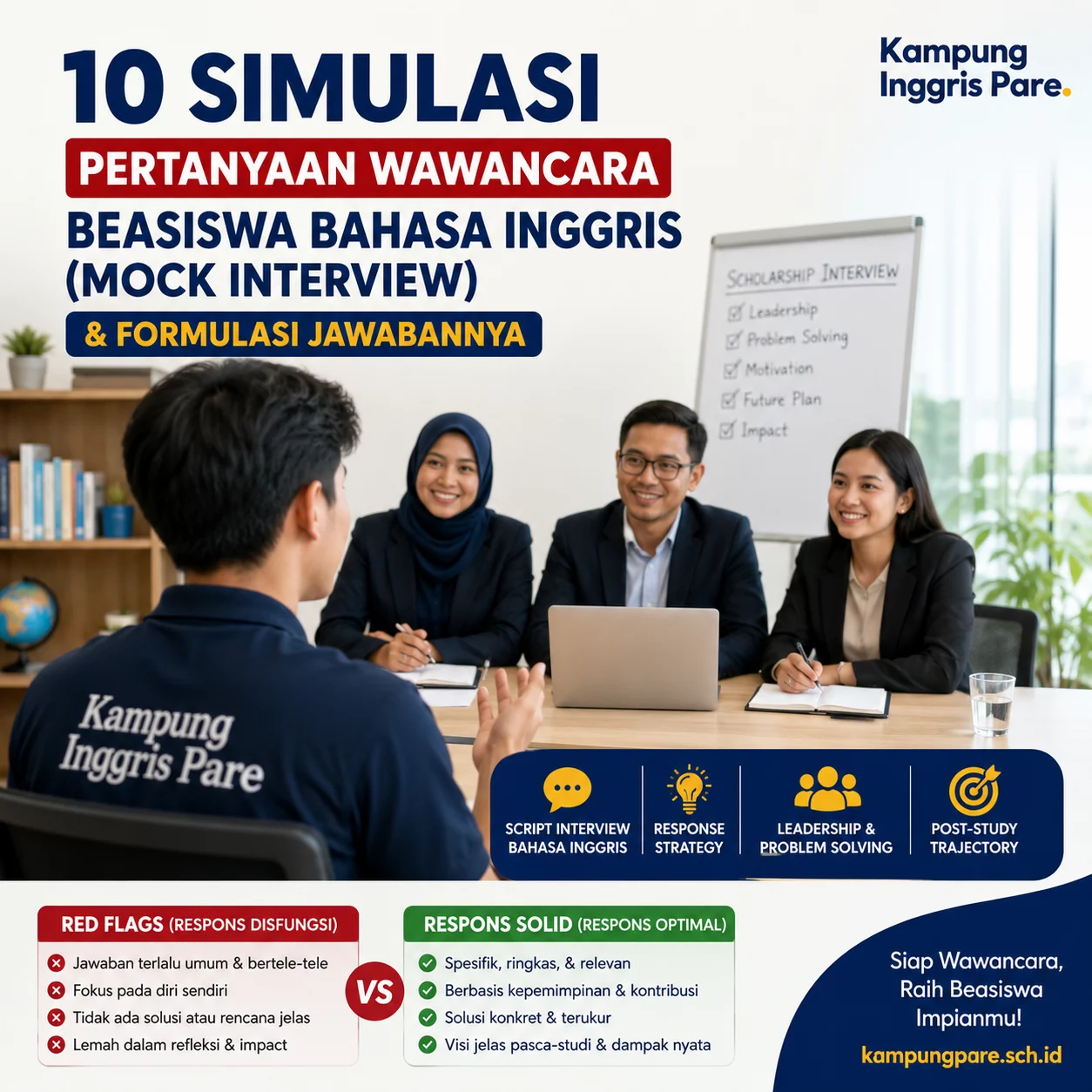 10 Pertanyaan Wawancara Beasiswa Bahasa Inggris Teruji pertanyaan wawancara beasiswa bahasa inggris mock interview Simulasi pertanyaan wawancara beasiswa bahasa Inggris dengan panel mock interview Kampung Inggris Pare