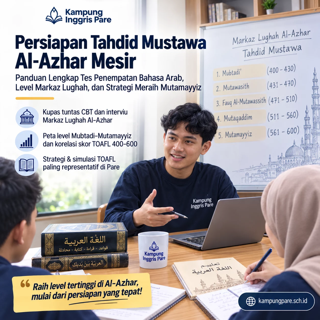 Tahdid Mustawa Al-Azhar Mesir Panduan Persiapan Tepat tahdid mustawa al azhar mesir Persiapan Tahdid Mustawa Al-Azhar Mesir dengan latihan bahasa Arab dan simulasi TOAFL di Kampung Inggris Pare