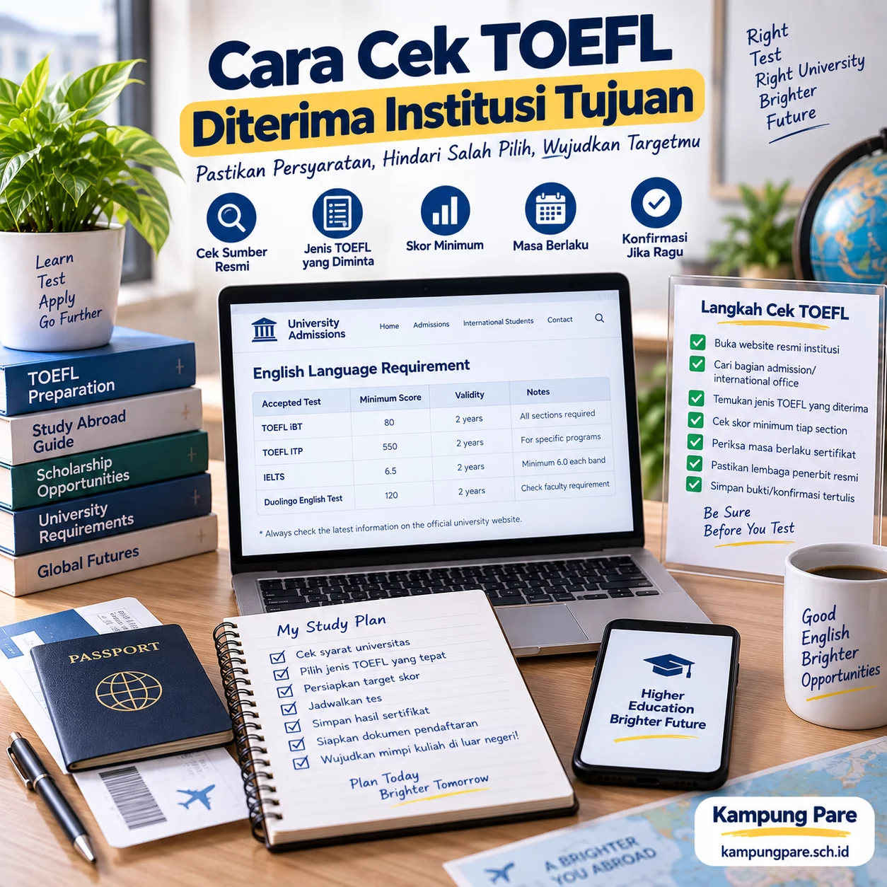 Cara Cek TOEFL Diterima Institusi Tujuan cara cek toefl diterimainstitusi tujuan Cara memastikan TOEFL diterima universitas dengan mengecek jenis tes, skor minimum, masa berlaku, dan syarat institusi