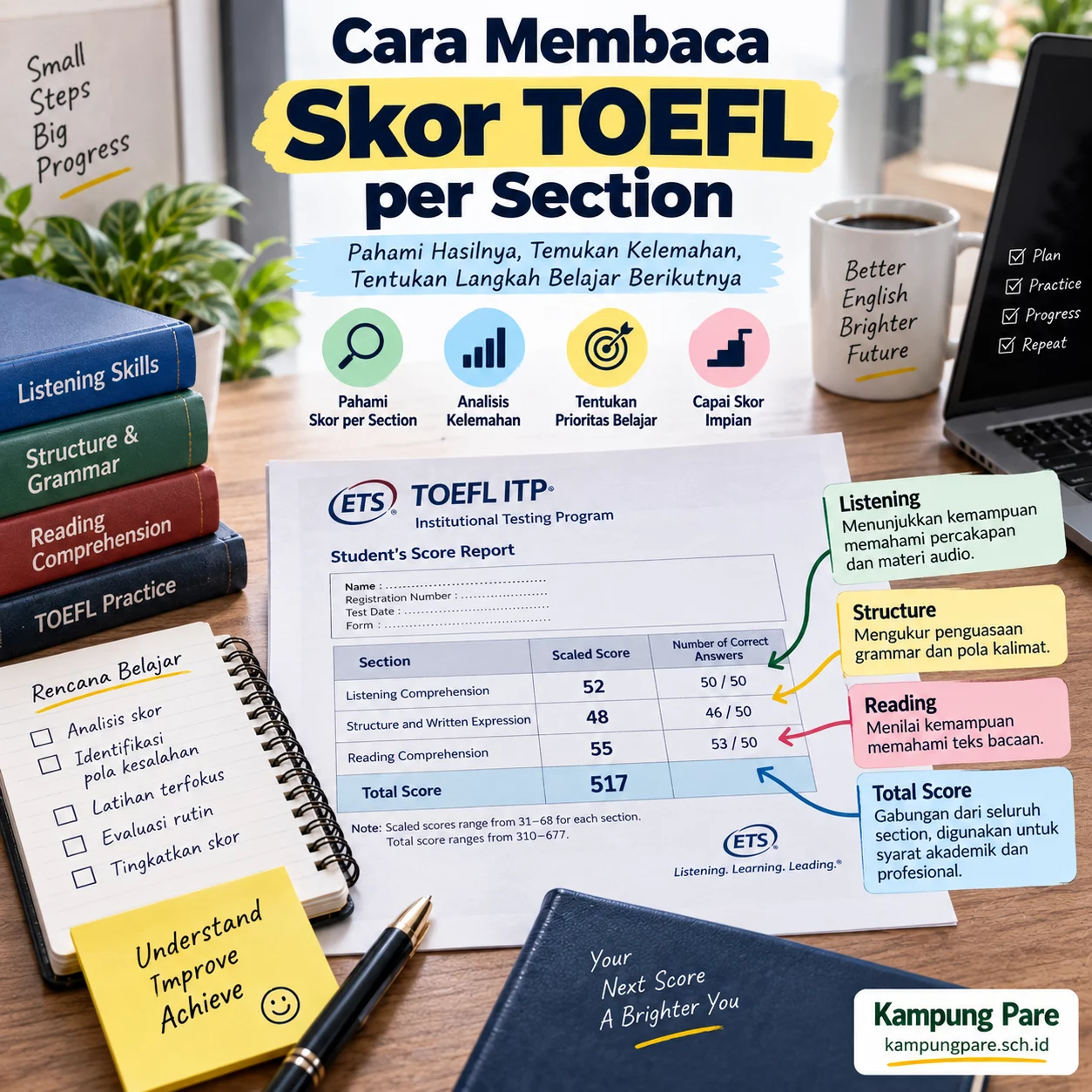 Cara Membaca Skor TOEFL per Section cara membaca skor toefl per section Cara membaca skor TOEFL per section Listening, Structure and Written Expression, dan Reading untuk menentukan prioritas belajar