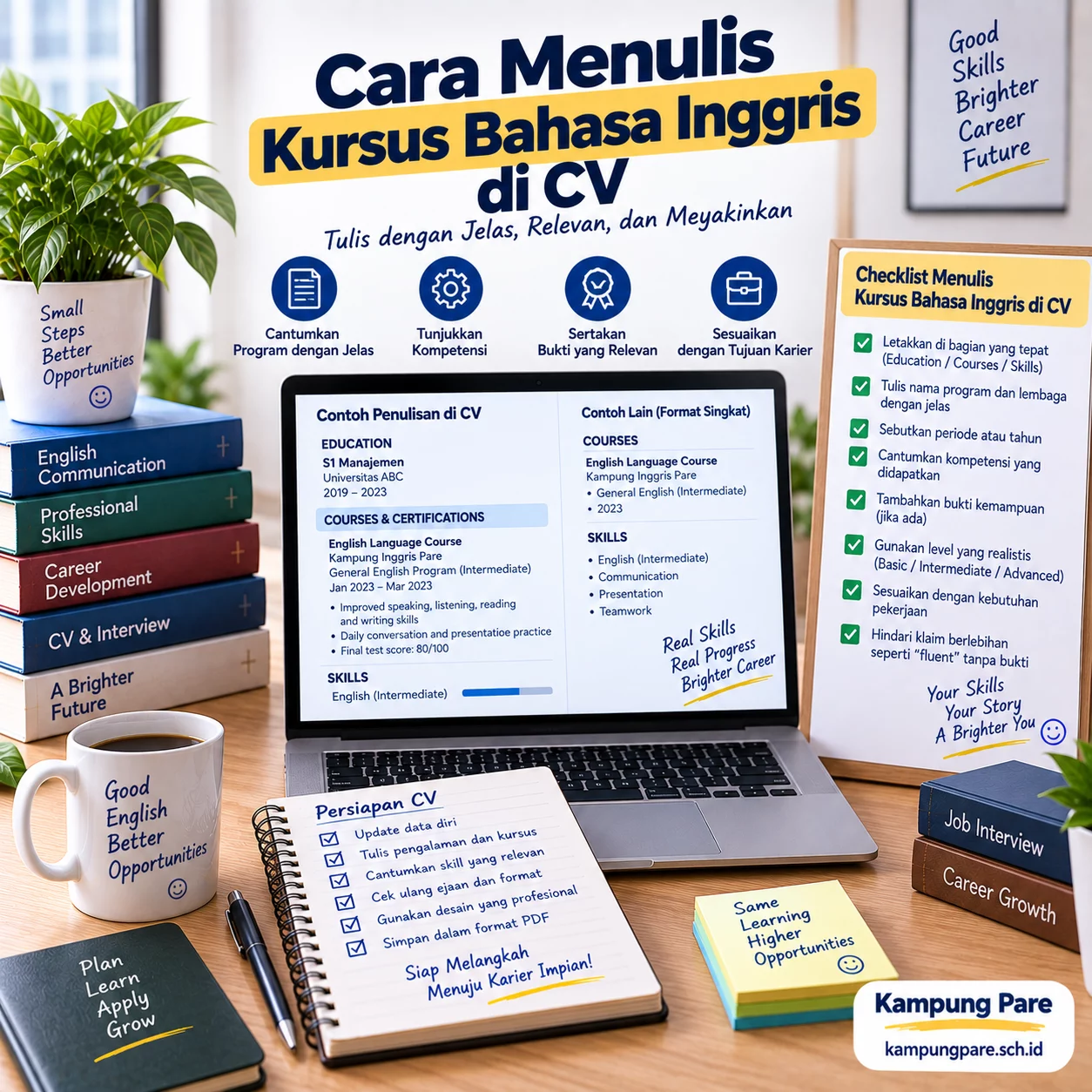 Cara Menulis Kursus Bahasa Inggris di CV cara menulis kursus bahasa inggris di cv Cara menulis kursus bahasa Inggris di CV secara jelas, relevan, dan tanpa melebih-lebihkan proficiency