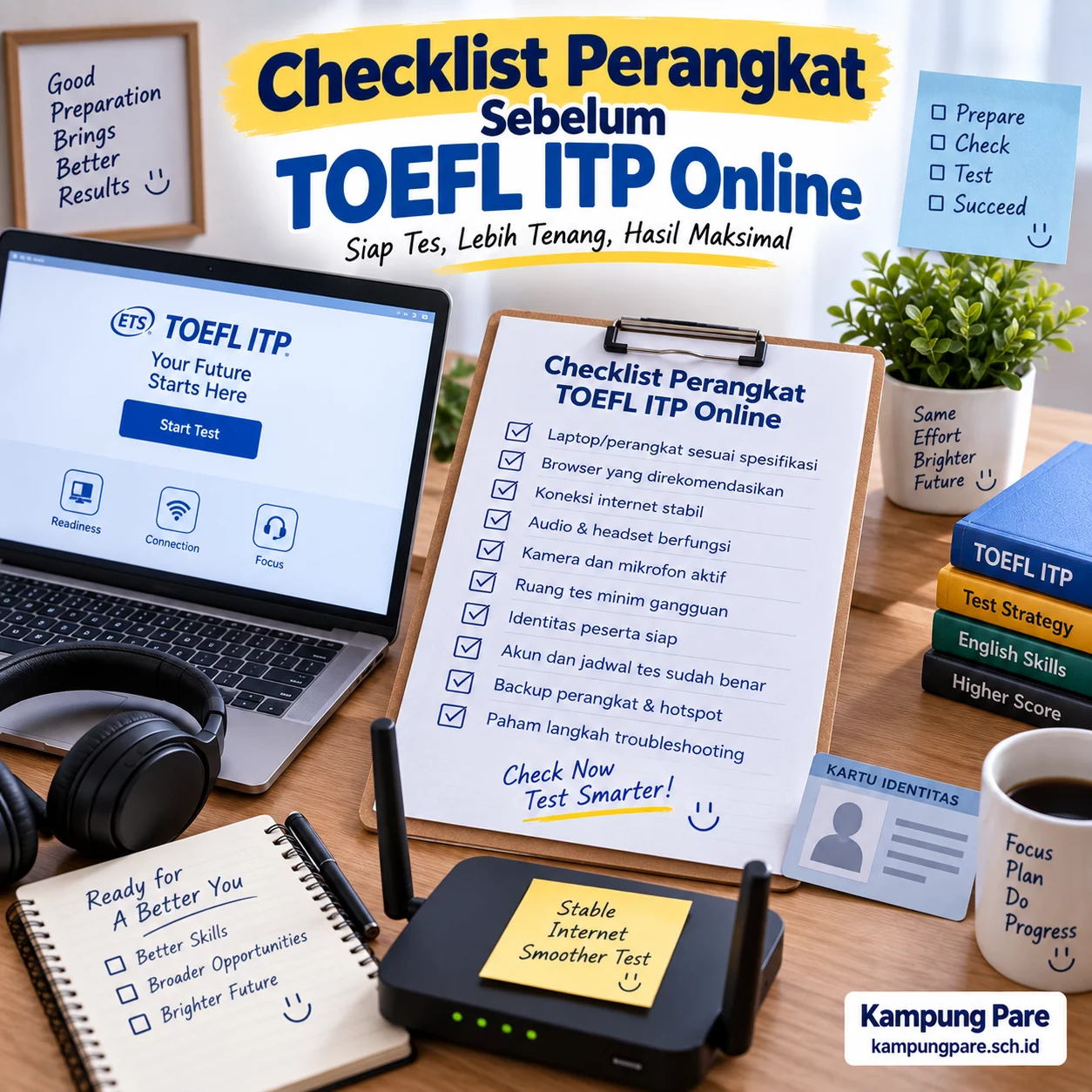 Checklist Perangkat Sebelum TOEFL ITP Online checklist perangkat toefl itp online Checklist perangkat TOEFL ITP online meliputi laptop, browser, internet, audio, kamera, mikrofon, ruang tes, identitas, dan troubleshooting