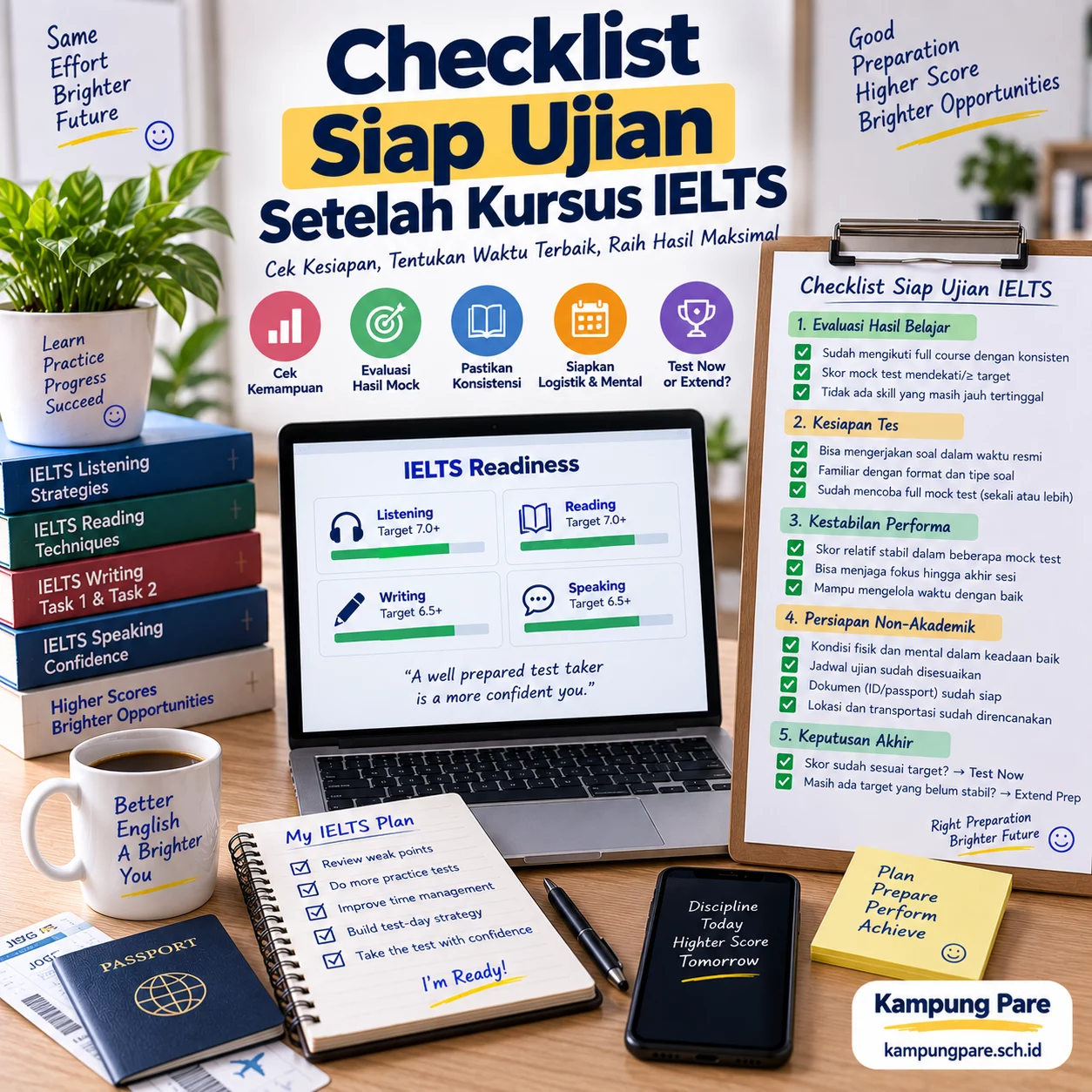 Checklist Siap Ujian Setelah Kursus IELTS checklist siap ujian setelah kursus ielts Checklist siap tes IELTS setelah kursus berdasarkan mock score, kestabilan skill, timed performance, dan kesiapan ujian