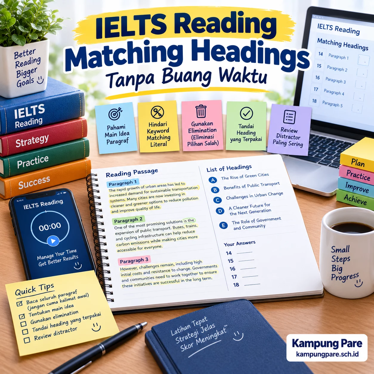 IELTS Reading Matching Headings Tanpa Buang Waktu ielts reading matching headings IELTS matching headings dengan strategi main idea, elimination, menandai heading terpakai, dan review distractor