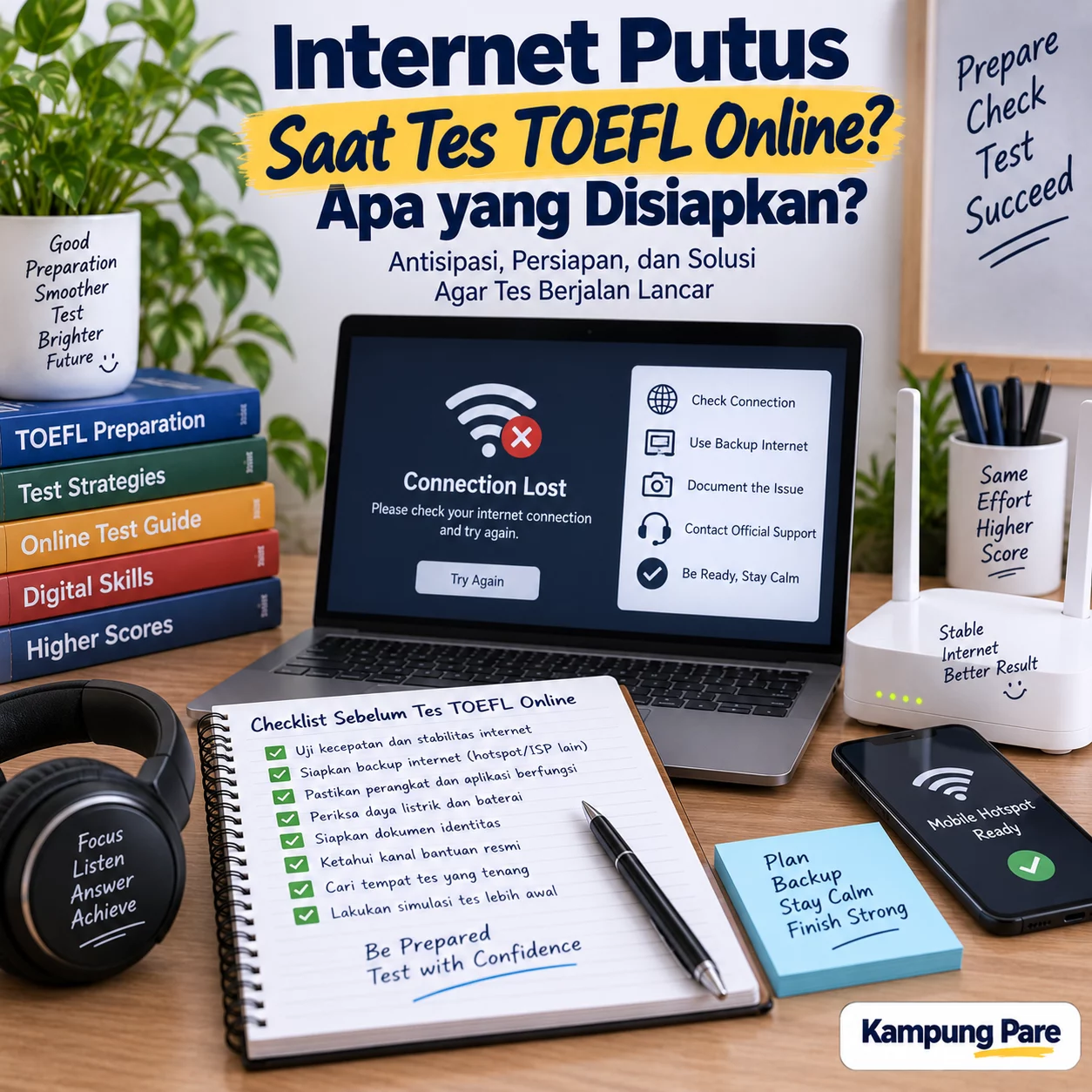 Internet Putus Saat Tes TOEFL Online? Siapkan Ini internet putus saat tes toefl online Internet putus saat tes TOEFL online dan checklist persiapan koneksi cadangan