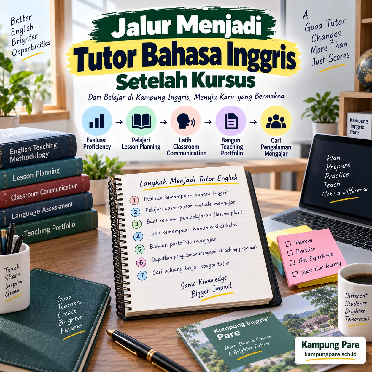 Jalur Menjadi Tutor Bahasa Inggris Setelah Kursus jalur menjadi tutor bahasa inggris Jalur menjadi tutor bahasa Inggris setelah kursus dengan evaluasi proficiency, lesson planning, classroom communication, teaching portfolio, dan pengalaman mengajar