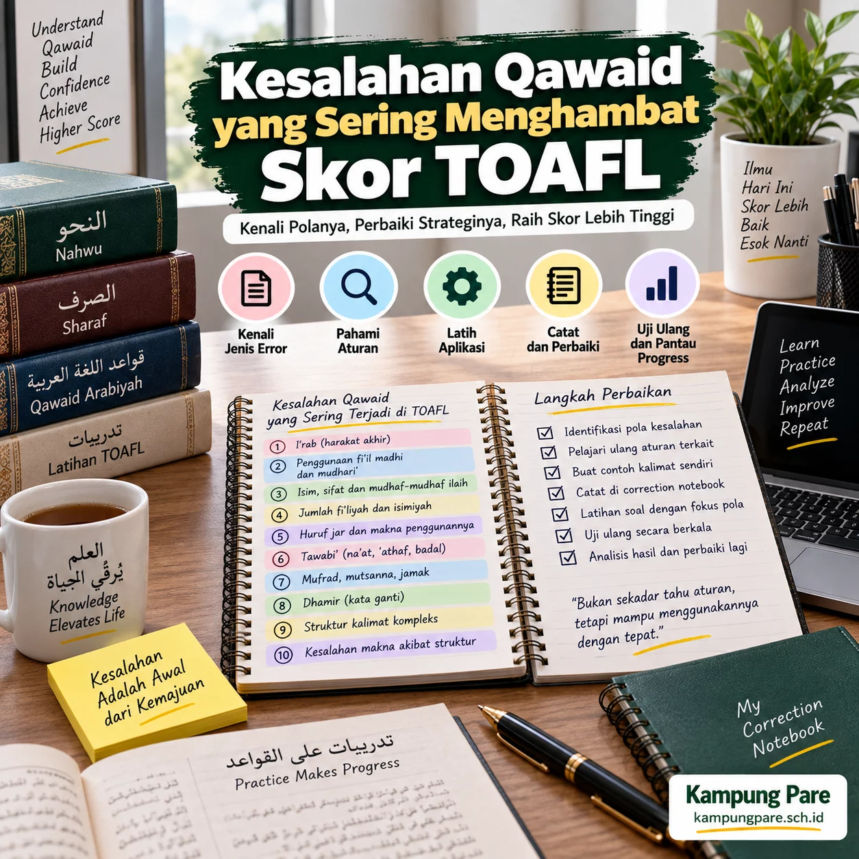 Kesalahan Qawaid yang Menghambat Skor TOAFL kesalahan qawaid yang menghambat toafl Kesalahan qawaid TOAFL yang sering menghambat skor, dari i'rab, fi'il, jumlah, hingga correction notebook