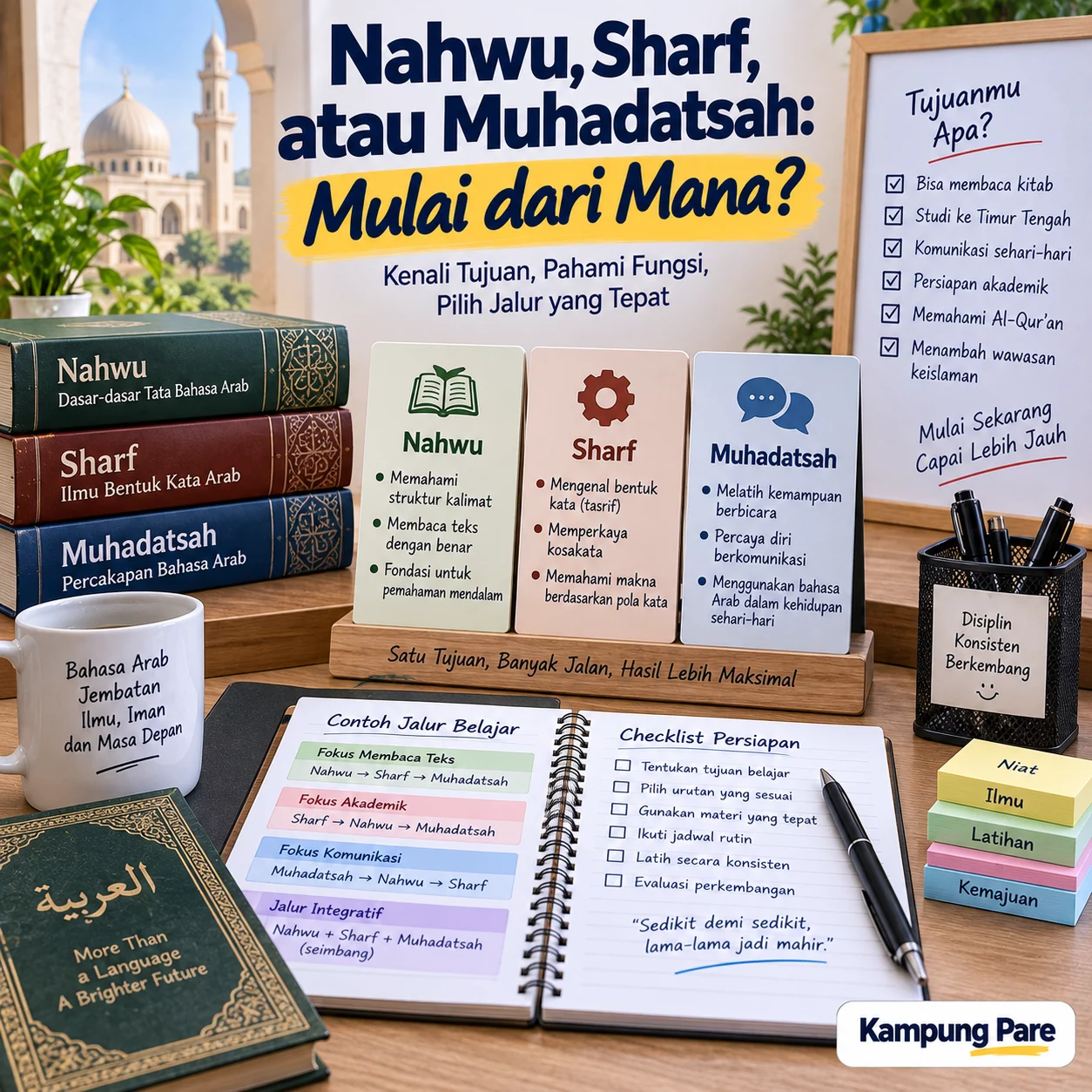 Nahwu, Sharf, atau Muhadatsah: Mulai dari Mana? nahwu sharf atau muhadatsah dulu Nahwu, sharf, atau muhadatsah dulu berdasarkan tujuan belajar bahasa Arab
