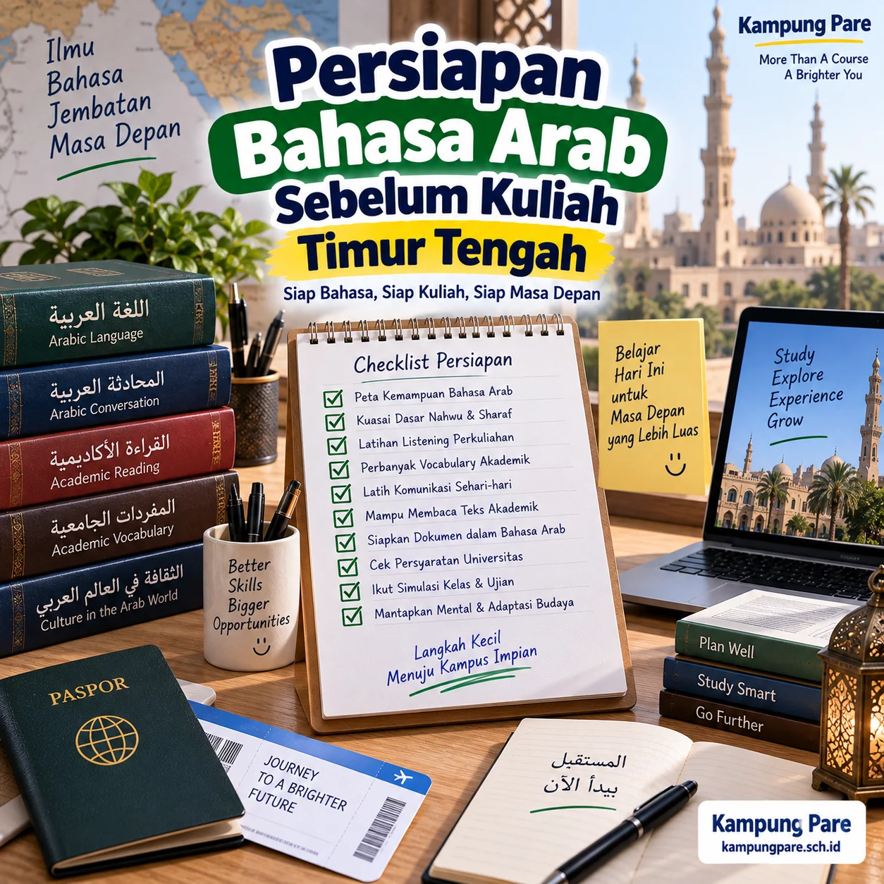 Persiapan Bahasa Arab Sebelum Kuliah Timur Tengah persiapan bahasa arabkuliah timur tengah Checklist persiapan bahasa Arab sebelum kuliah ke Timur Tengah untuk kemampuan akademik, komunikasi, listening, dan dokumen