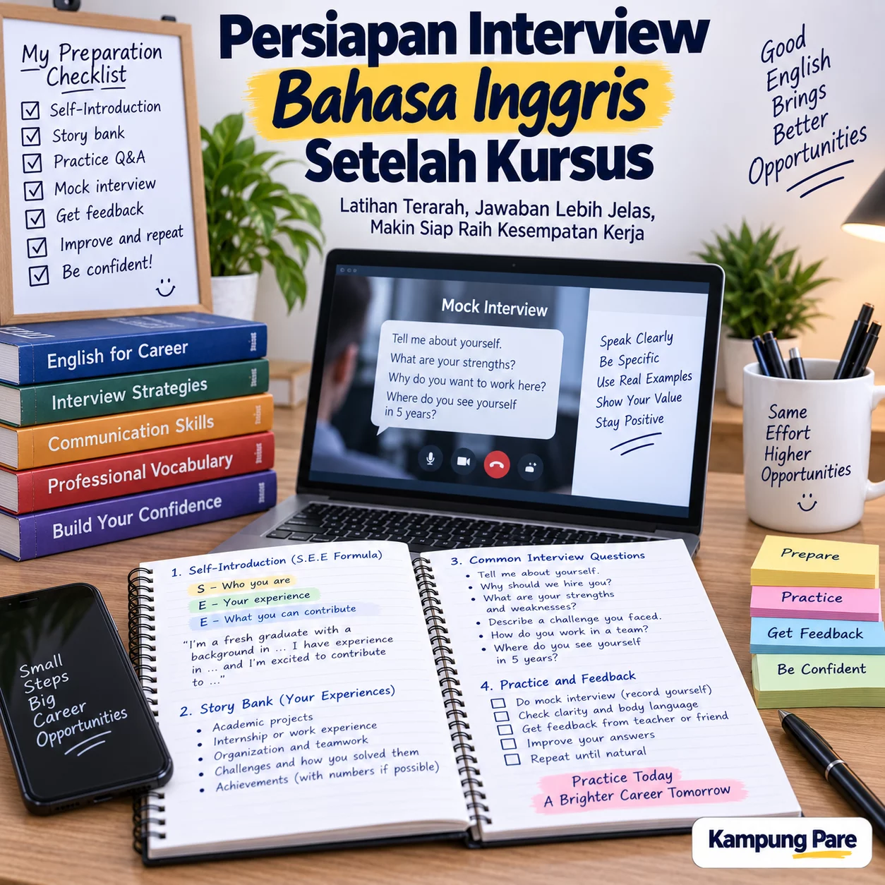 Persiapan Interview Bahasa Inggris Setelah Kursus persiapan interview bahasa inggris setelah kursus Persiapan interview kerja bahasa Inggris setelah kursus dengan self-introduction, story bank, dan mock interview