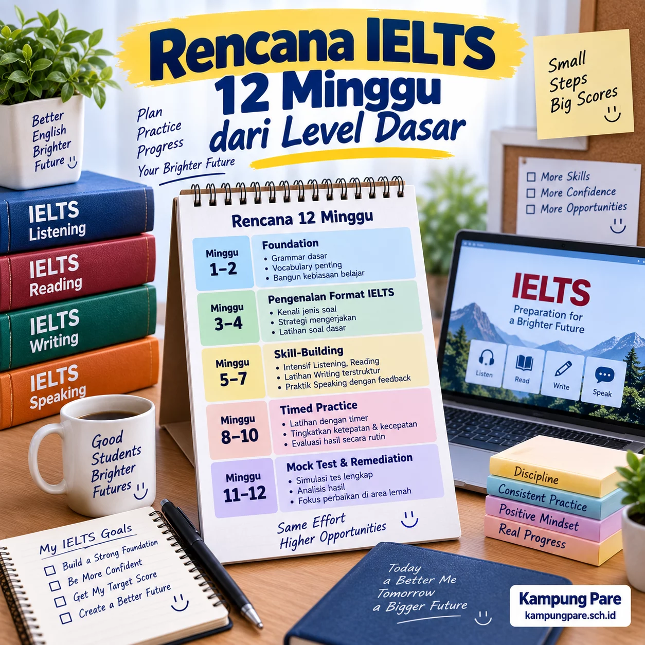 Rencana IELTS 12 Minggu dari Level Dasar rencana ielts 12 minggu dari dasar Rencana belajar IELTS 12 minggu dari dasar dengan fase foundation, format IELTS, skill building, timed practice, mock test, dan remediation