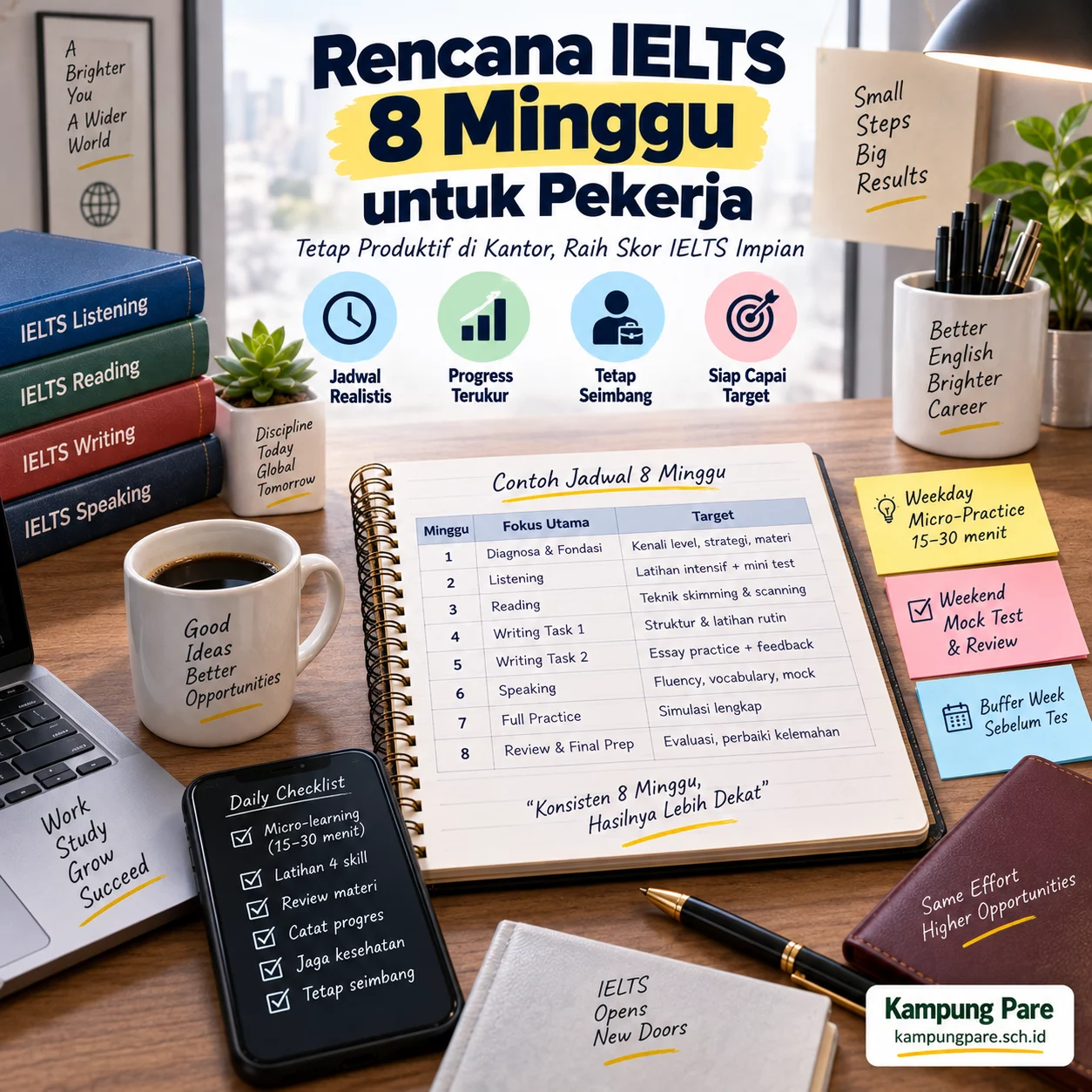 Rencana IELTS 8 Minggu untuk Pekerja rencana ielts 8 minggu untuk pekerja Rencana belajar IELTS 8 minggu untuk pekerja dengan sesi weekday singkat, latihan empat skill, mock test akhir pekan, dan buffer week