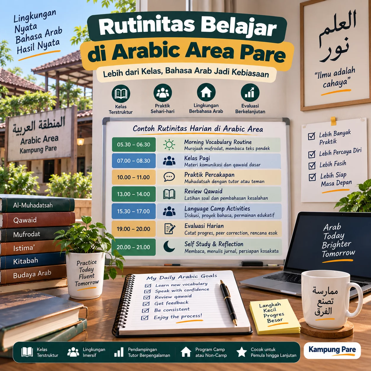Rutinitas Belajar di Arabic Area Pare rutinitas harian arabic area pare Rutinitas harian Arabic Area Pare untuk belajar bahasa Arab dengan vocabulary muhadatsah qawaid dan evaluasi