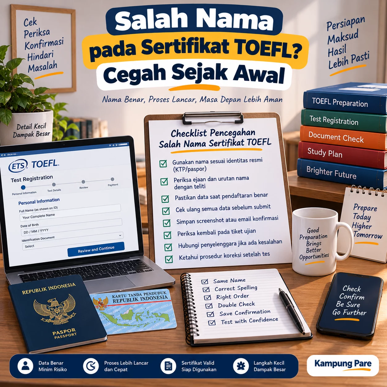 Salah Nama pada Sertifikat TOEFL? Cegah Sejak Awal salah nama sertifikat toefl Checklist pencegahan salah nama sertifikat TOEFL sebelum tes