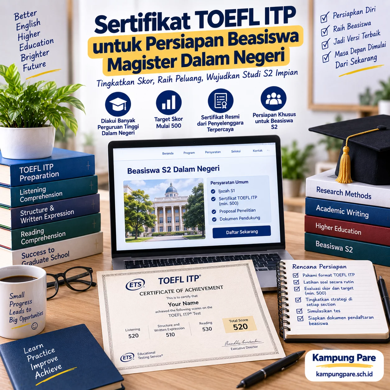 Sertifikat TOEFL ITP untuk Beasiswa Magister Dalam Negeri sertifikat toefl itp beasiswa magister dalam negeri Sertifikat TOEFL ITP untuk persiapan beasiswa magister dalam negeri dengan target skor 500 dan verifikasi penyelenggara resmi