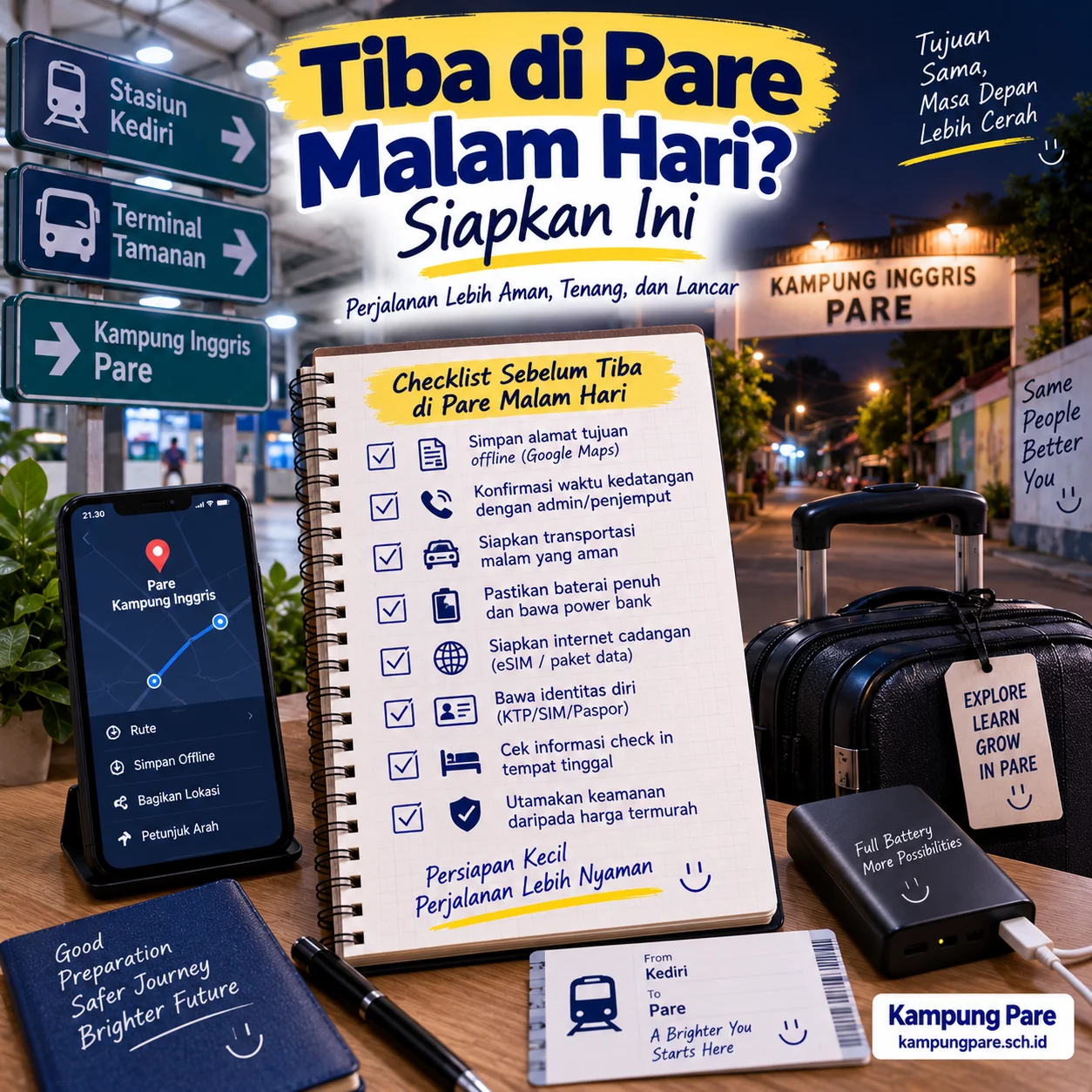 Tiba di Pare Malam Hari? Siapkan Ini tiba di pare malam hari Checklist tiba di Pare malam hari dengan alamat offline, kontak admin, transportasi, power bank, internet cadangan, identitas, dan keamanan perjalanan