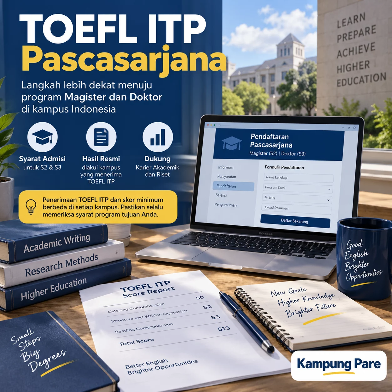 TOEFL ITP Pascasarjana Panduan Aman Daftar S2 S3 toefl itp pascasarjana TOEFL ITP pascasarjana untuk pendaftaran program magister dan doktor di kampus Indonesia