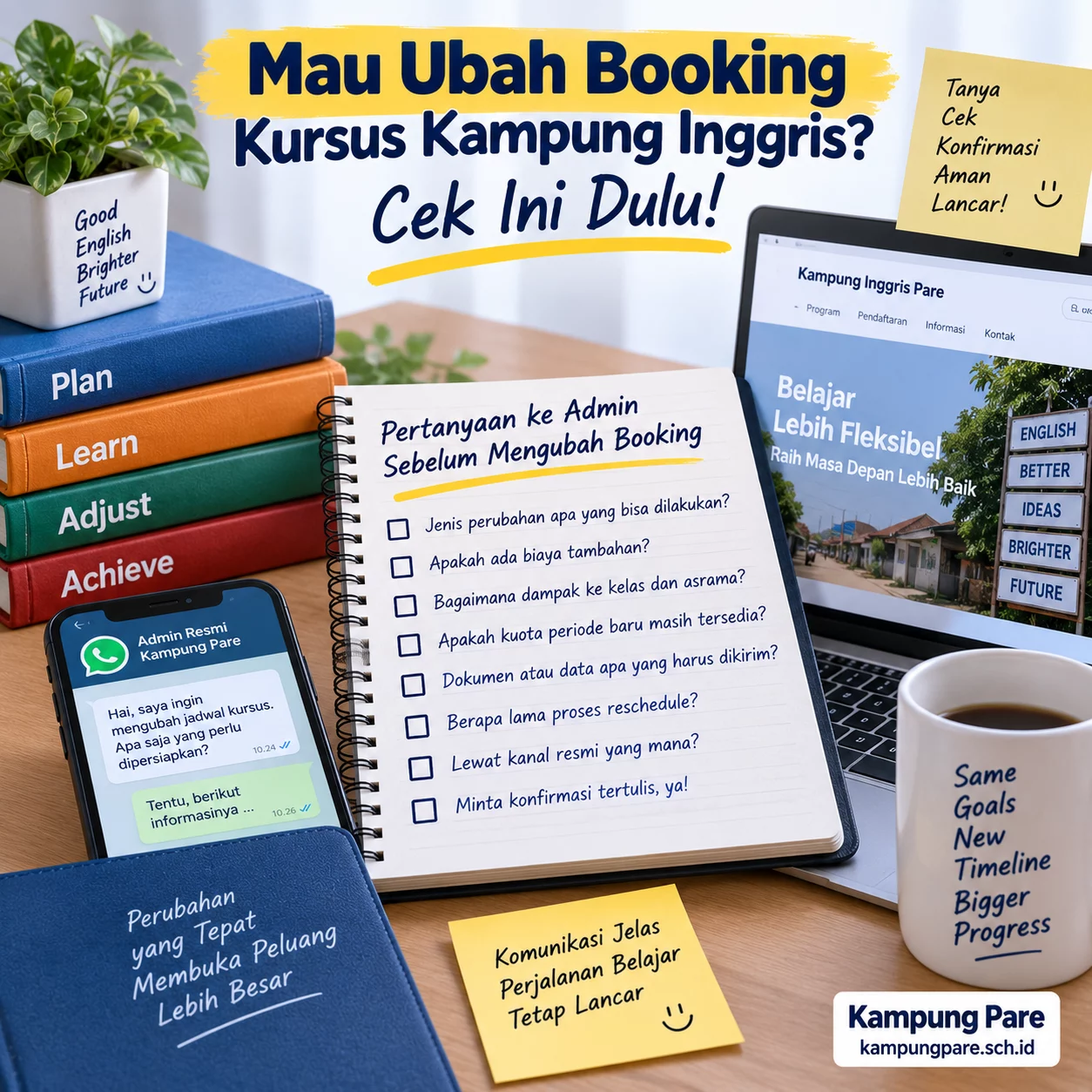 Mau Ubah Booking Kursus? Cek Ini Dulu ubah jadwal bookingkampung inggris Checklist pertanyaan sebelum mengubah jadwal kursus Kampung Inggris Pare, termasuk program, periode, biaya, kelas, asrama, dan kanal admin resmi